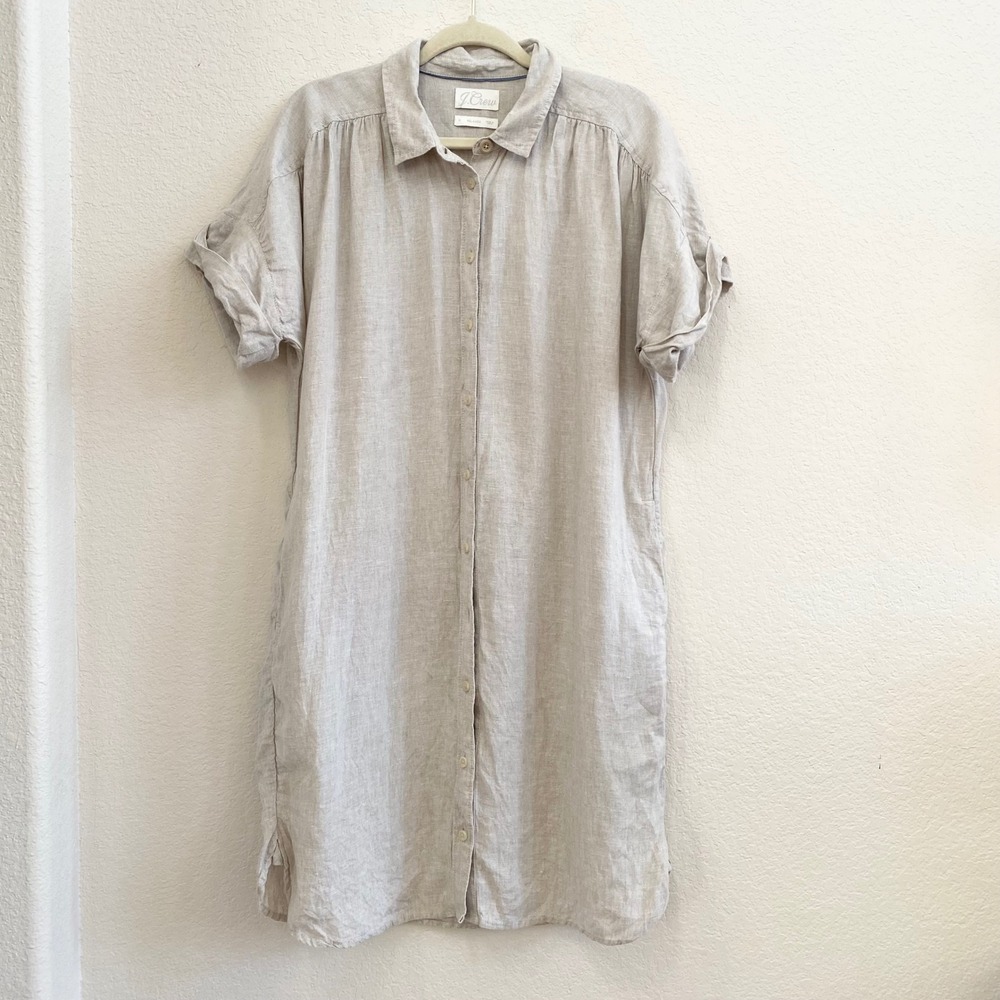 J.Crew Womens Relaxed Linen‎ Shirt Dress Oatmeal Beige Short Sleeve Size Medium